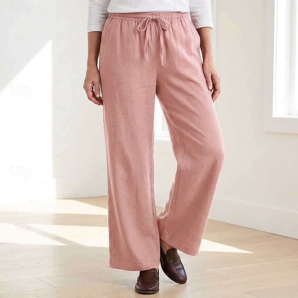 70% Linen Women's Linen Pants Culottes Wide Leg Wide Leg Chinos Vacation Streetwear Basic Full Length Medium Waist Plain Drawstring Pocket Comfort Inelastic Daily Outdoor claret Deep Green 2026 - $49.99 –P4