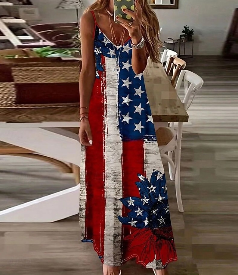 American Independence Day Women's Maxi Dress Slip Dress Party Daily Beach Regular Fit Stars and Stripes Sleeveless V Neck Spaghetti Strap Blue Red Summer Spring 2026 - $36.99 –P1