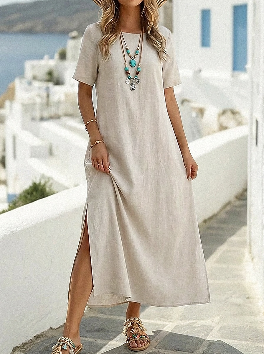 Mujer Vestido maxi 100% Algodón Vestido de verano Vestido blanco vestido de playa Básico Casual Diario Exterior Holgado Plano Media Manga Cuello Barco Ejercito verde Negro Blanco Vino Verano 2026 - $27.99 –P1