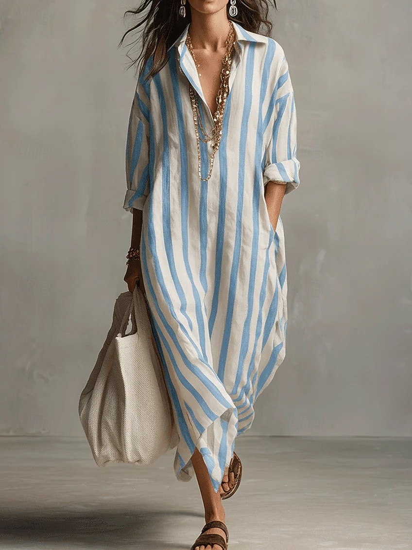 Dames Maxi-jurk Hemdjurk Zonnejurk Bodycon-jurk Vakantie Casual Strandstijl Dagelijks Kantoor Strand Grafisch Geometrisch Lange mouw V-hals blauw donkerbruin Zwart Blozend Roze Zomer Lente Herfst 2026 - $31.99 –P6