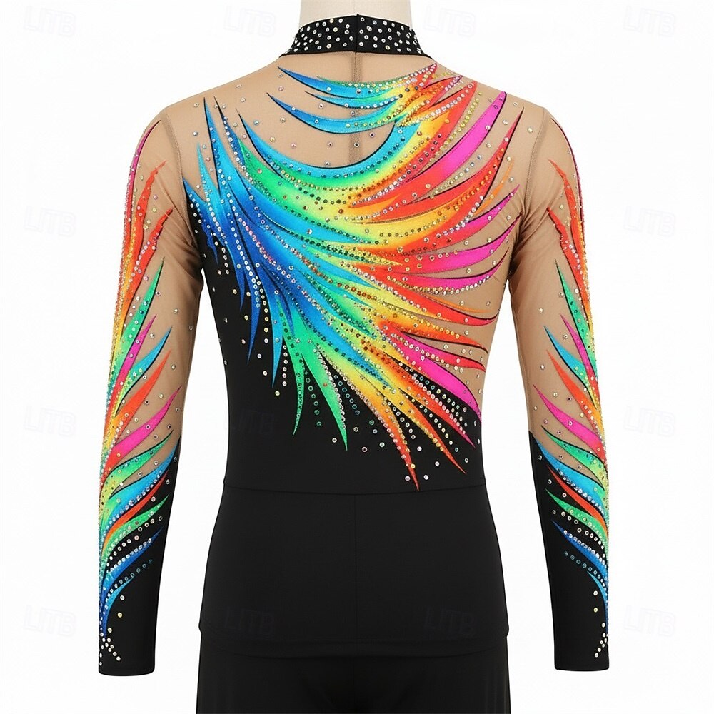Figure Skating Top Men's Ice Skating Tops Black Patchwork Open Back Stretchy Training Competition Skating Wear Classic Crystal / Rhinestone Long Sleeve Ice Skating Figure Skating 2026 - $348.79 –P2