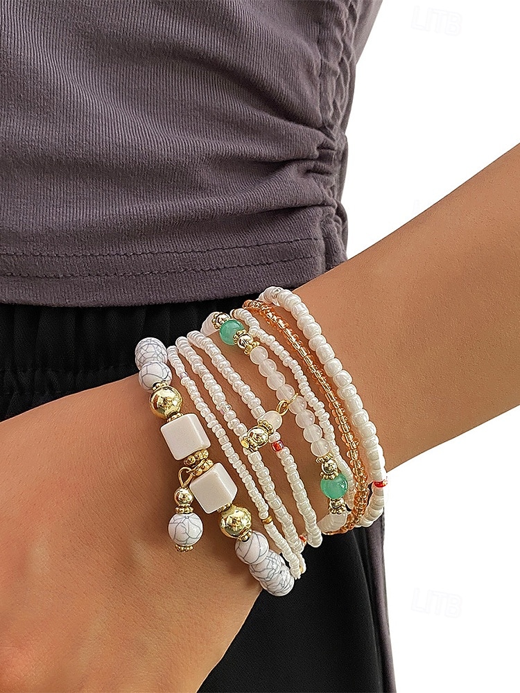 Dámské vícebarevné korálkové náramky z pryskyřice a slitiny v bohémském stylu, moderní a zářivý vzhled, ideální na dovolenou i pro běžné nošení. 2026 - $8.99 –P3