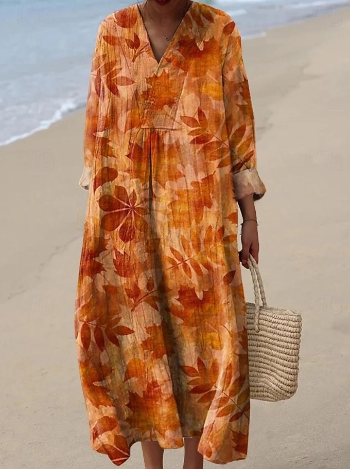 Women's Maxi Dress Shift Dress Vacation Casual Going out Loose Fit Floral Graphic Long Sleeve V Neck Blue Yellow Orange Light Blue-White Summer Spring 2026 - $41.99 –P3