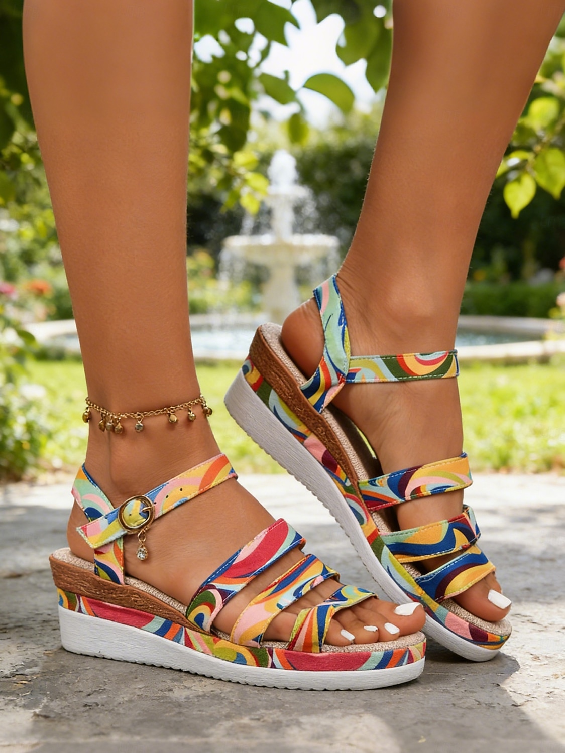 Sandalias de plataforma coloridas para mujer: elegantes sandalias de tiras con hebilla ajustable &Tacón de cuña, perfecto para vacaciones de verano y uso diario informal. 2026 - $26.99 –P4