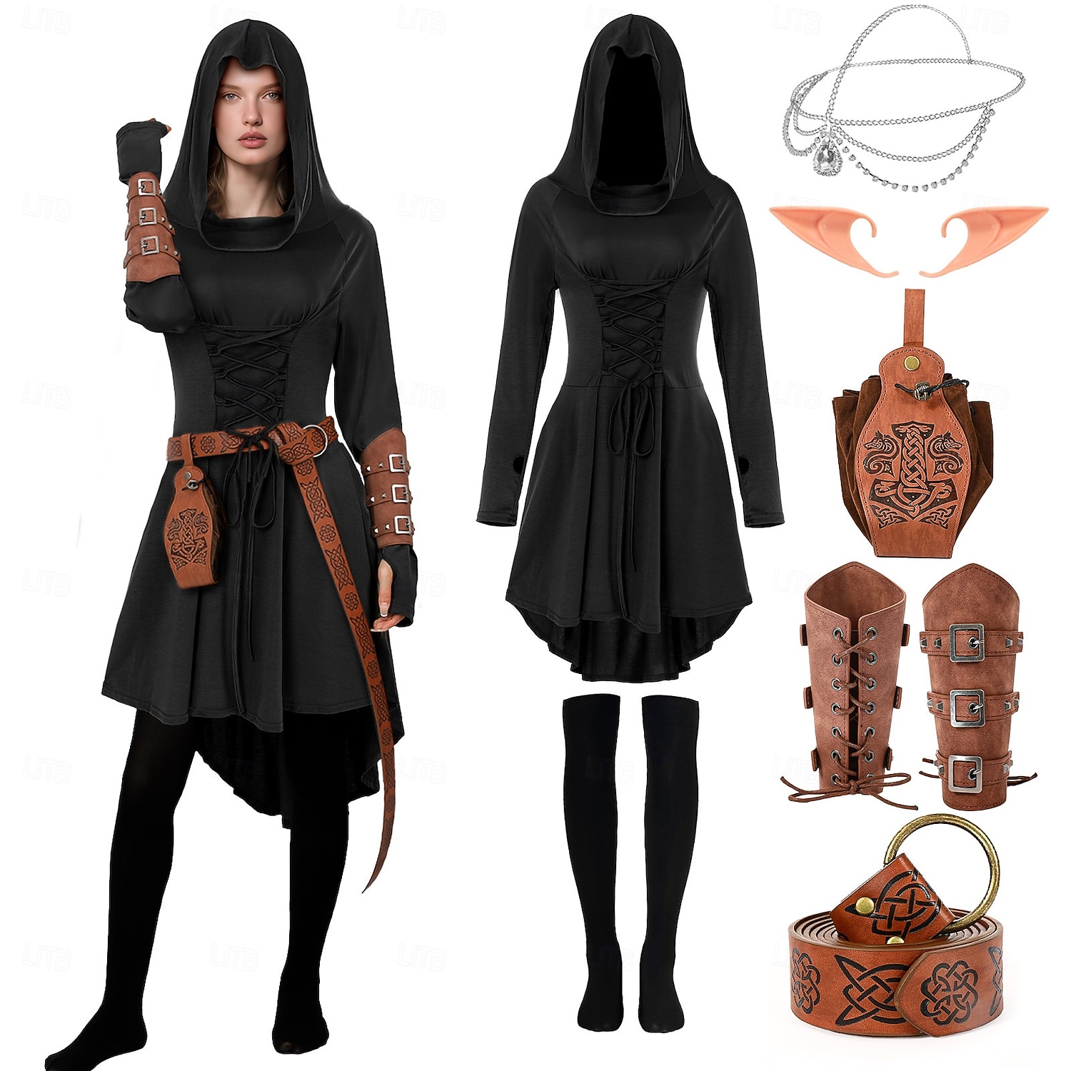 Set Retro vintage Middeleeuws Renaissance Jurken Wapens en Harnassen Ceintuur met accessoires Lange Mouwen Fee Kostuum Dames Halloween Carnaval Maskerade Renaissance beurs Retro themafeest Volwassenen 2026 - $80.99 –P7