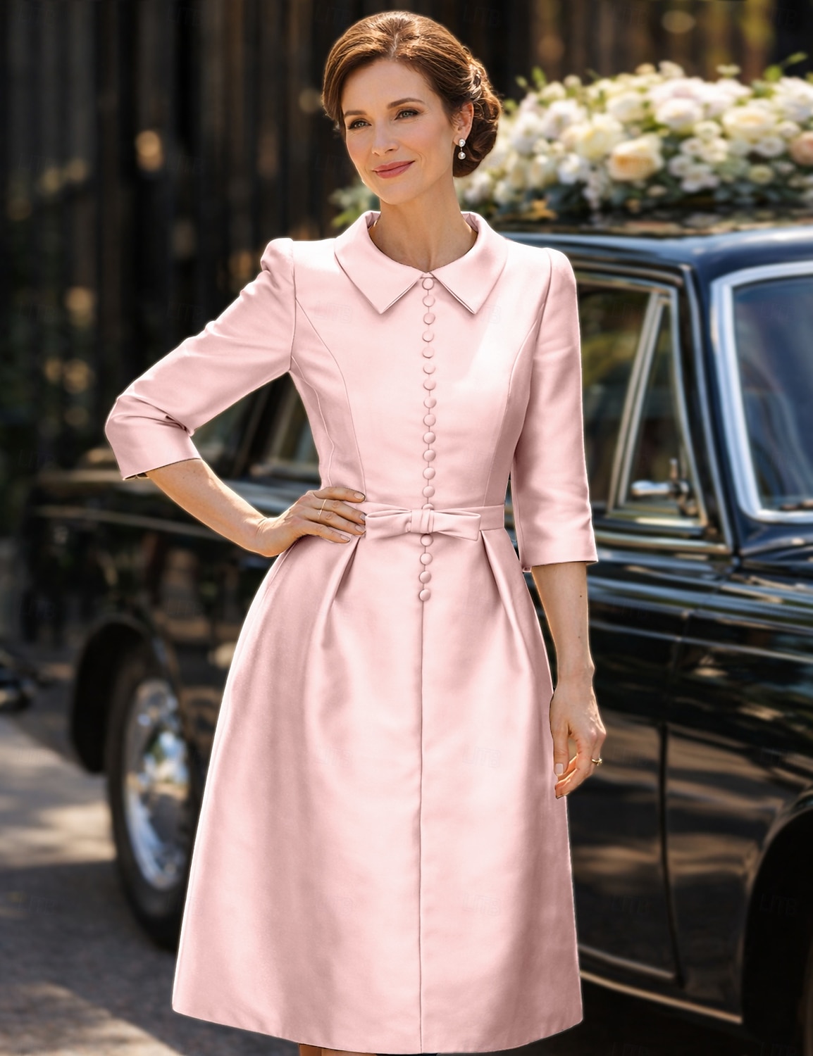 Schlauchkleid Knielang Partykleid Cocktailkleid Kleid für Hochzeitsgäste Brautmutterkleid Dreiviertelarm Hemdkragen Elegant Minimalistisch Hochzeitsgast Cocktailparty Formeller Abend Stretch Satin mit 2026 - $126.99 –P8