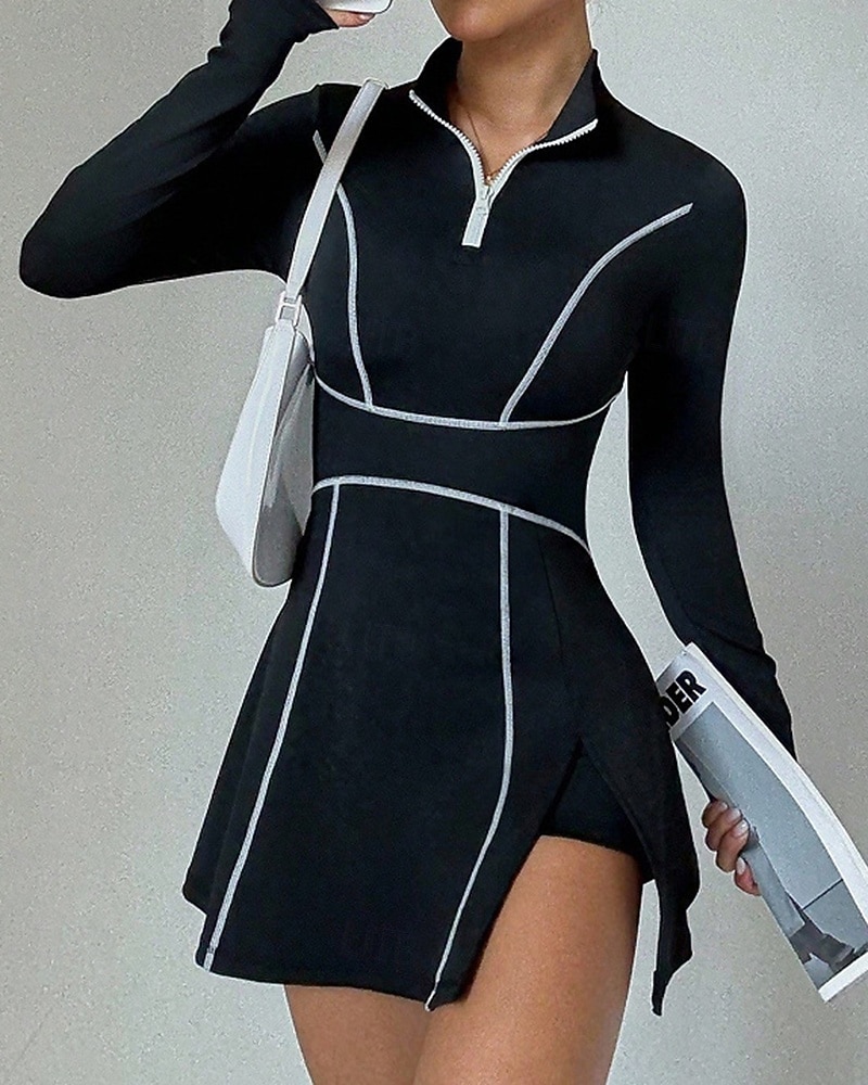Per donna Tinta unita Abito da tennis con pantaloncini Abito sportivo Manica Lunga Con zip Tasca Elastico Traspirante Tennis Corsa Fitness Collo Alto Vestito Tuta Nero Abbigliamento da tennis del 2026 a $37.99 –P4