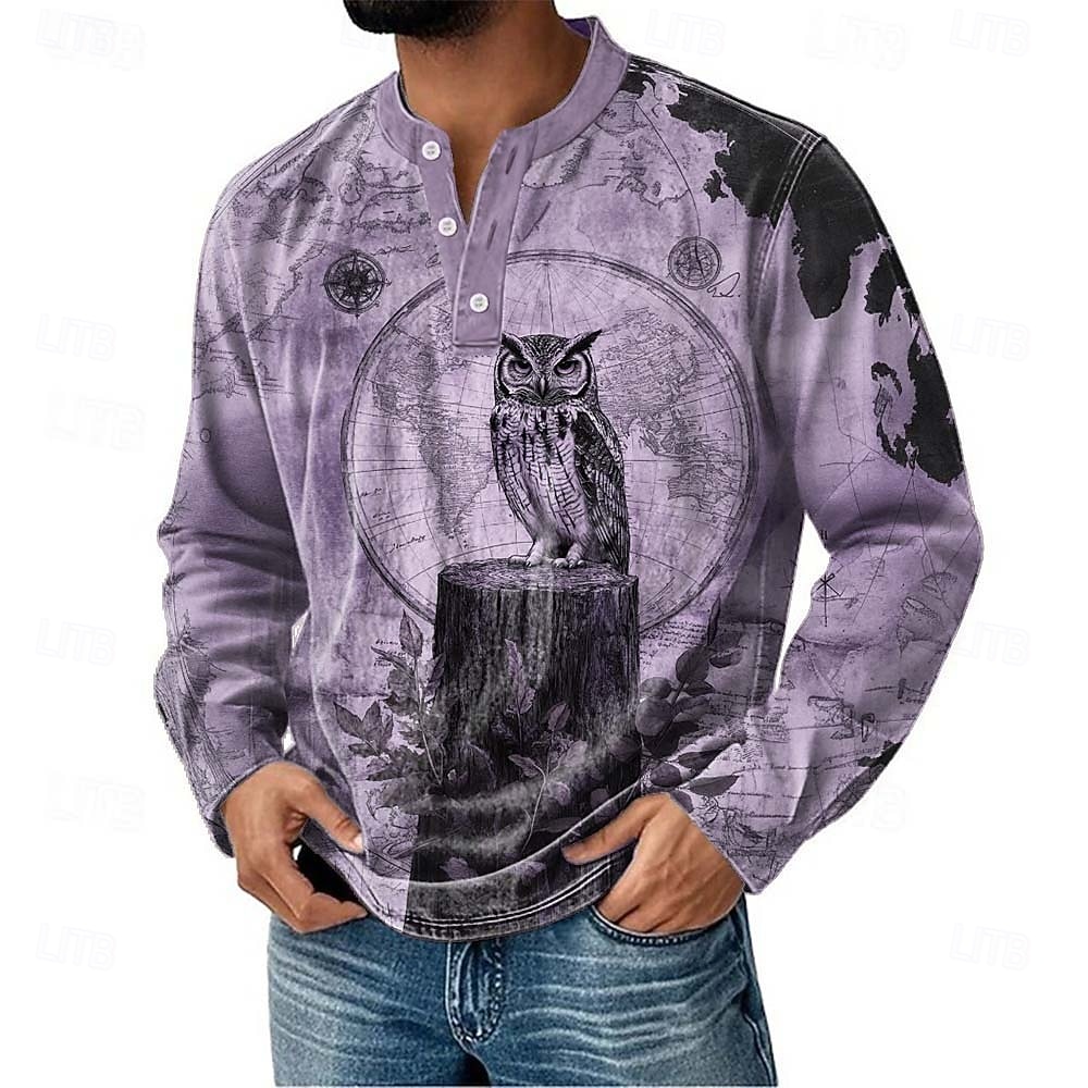 Miesten Kuvitettu Pöllö Henley-paita Pitkähihainen Muoti söpö tyyli Päivittäin Kausaliteetti Pyhäpäivä Bile Syystalvi Kevät Sininen Purppura Khaki Harmaa Henley Henley T-paita 2026 - $22.99 –P2