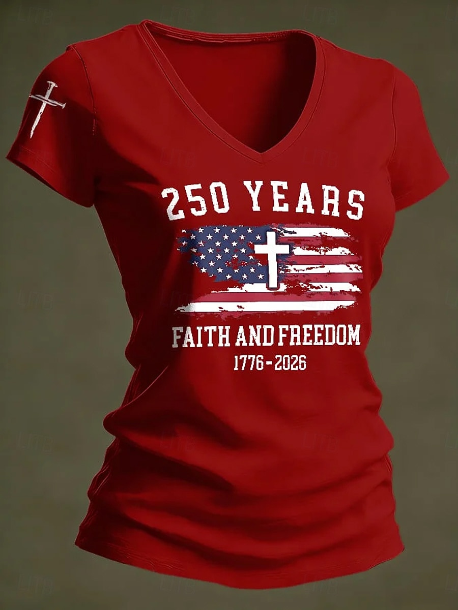 Maglietta Patriottica per Donne per il 250° Anniversario dell'Indipendenza Americana Stampa Grafica Bandiera Elegante Classica Casual Manica Corta Collo a V Top Regolari Quotidiani Nero Bianco Rosso del 2026 a $21.99 –P3