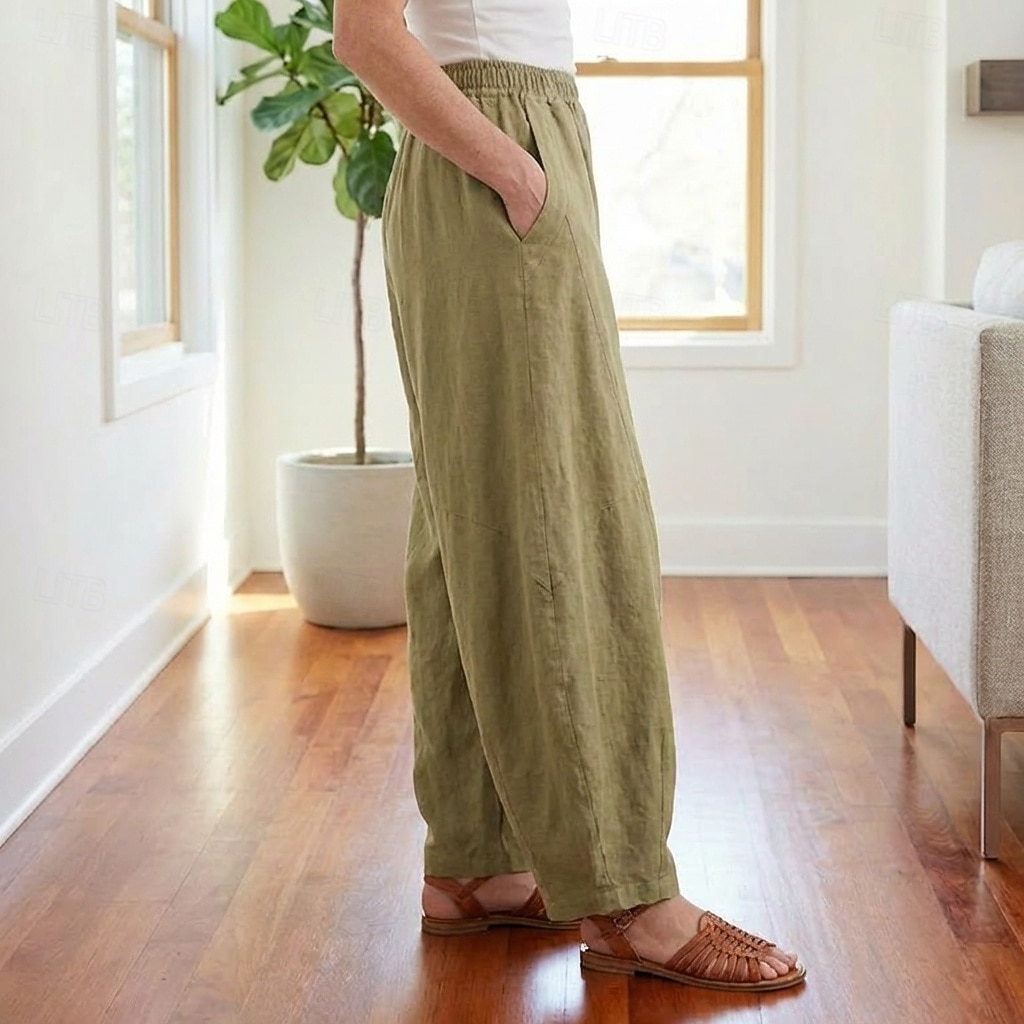 Dam Byxor av linne i bomull Kinesiska Sommarbyxor underbyxor Semester Streetwear Grundläggande Fullängd Medium Midja Slät Ficka Elastiskt midjeband Bekväm Komfort Microelastisk Dagligen Utomhus Gata 2026 - $49.99 –P10