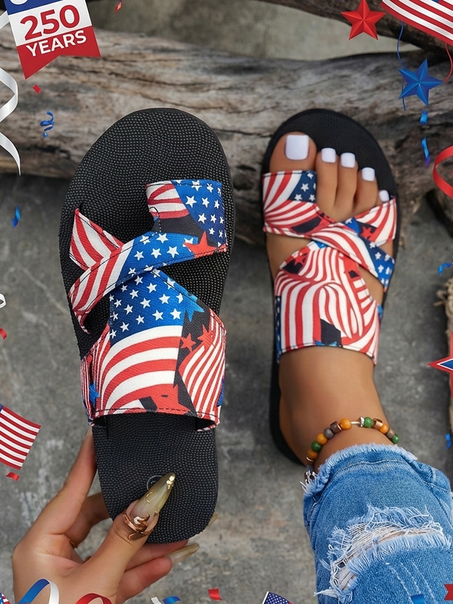 Leichte, patriotische Damen-Sandalen mit gekreuzten Riemen und US-Flaggenprint – ideal für den Unabhängigkeitstag, das 250-jährige Jubiläum und lässige Streetwear. 2026 - $19.99 –P3