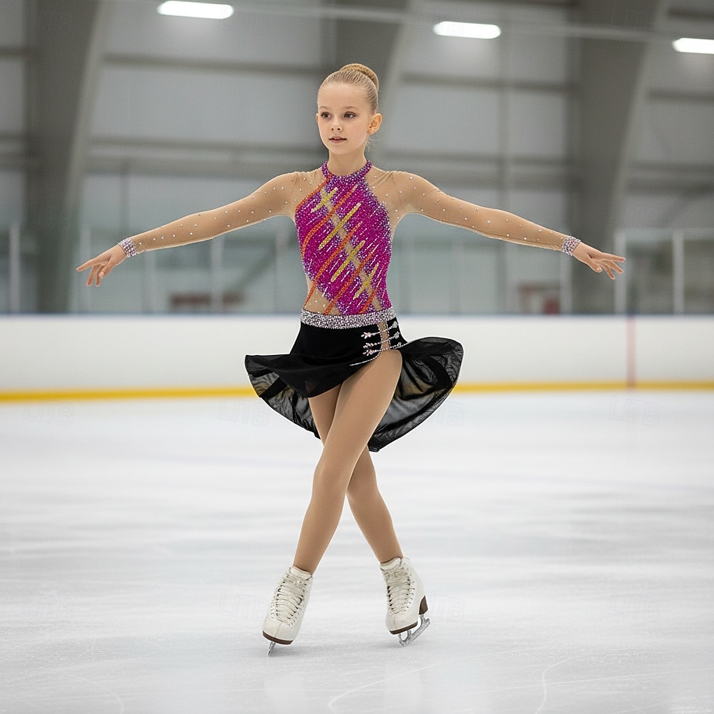 Eiskunstlaufkleid Mädchen Eislaufen Kleid Rosenrot Patchwork Offener Rücken Dehnbar Training Wettbewerb Eiskunstlaufkleidung Klassisch Kristall / Strass Langarm Eislaufen Eiskundstlauf 2026 - $333.09 –P2