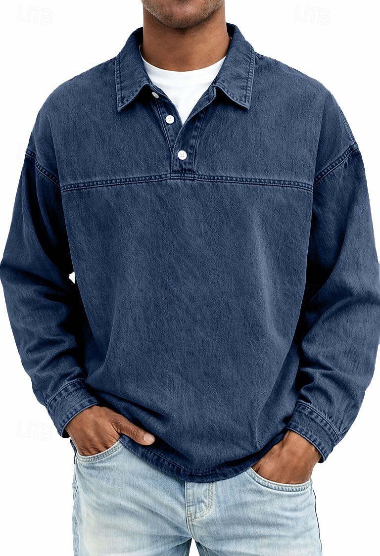 Herren Jeanshemd Baumwoll-Poloshirt Lässig Urlaub Klassisch Langarm Mode Basic Einfarbig Einfach Vintage-Stil Gewaschen Frühling Winter Frühling & Herbst Normale Passform Schwarz Hellgrün Rosa 2026 - $33.99 –P4