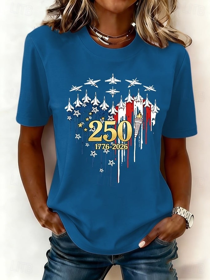 Giorno dell'Indipendenza Anniversary Americano Maglietta Patriottica da Donna Stampa Grafica Lettera Bandiera Americana Vintage Elegante Classica Manica Corta Collo Tondo Regolare Top Giornalieri Blu del 2026 a $22.99 –P3