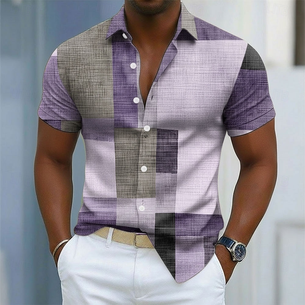Per uomo Geometrico Blocco di colori Patchwork Camicia Camicia con Bottoni Manica Corta Moda Casual Quotidiano All'aperto Vacanza Estate Primavera Collo ripiegato Stampa 3D Camicia tipo lino Blu del 2026 a $25.99 –P4