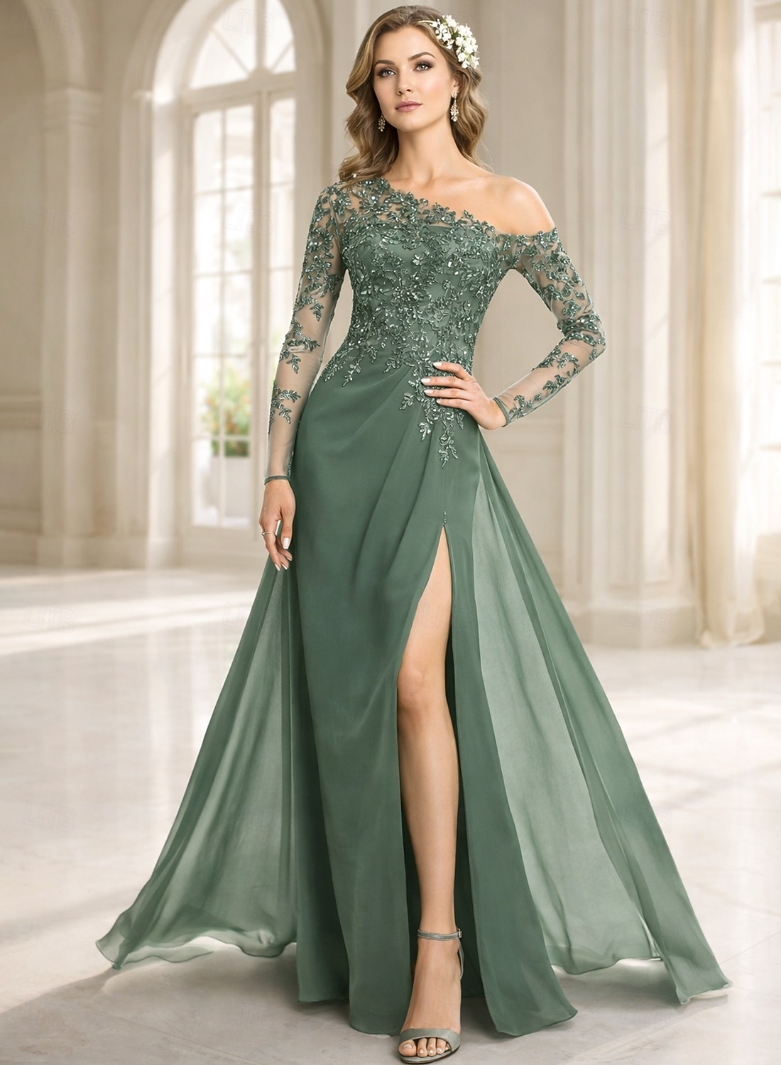 Funda Columna Vestidos Hasta el Suelo Vestido Invitada Boda Vestido formal Vestido de noche Vestido de Madrina Manga Larga Un Hombro Elegante Formal Gasa con Encaje Un Color 2026 - $212.79 –P1