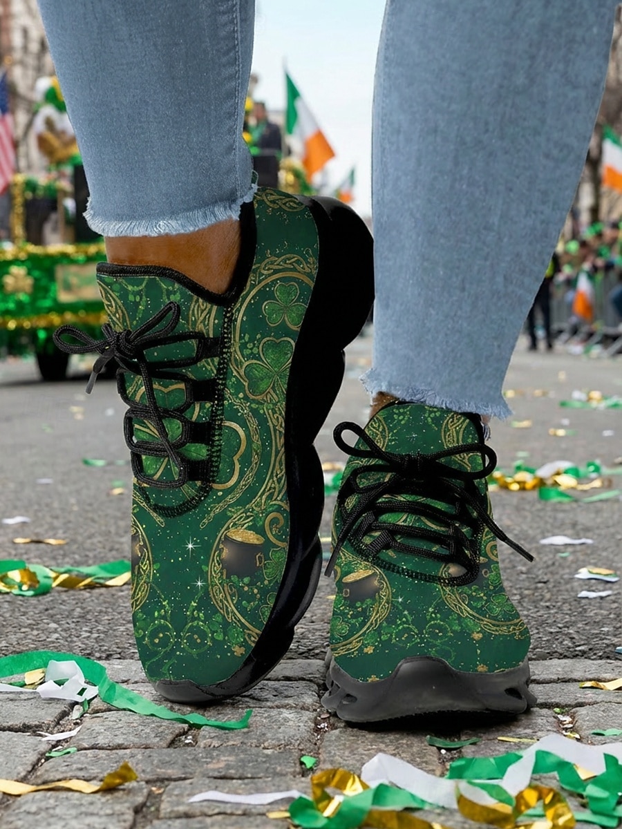 Gröna keltiska sneakers med snörning för damer, St. Patrick's Day - Lätta, vadderade promenadskor för irländska festivaler, parader, fester och resor &vardagskläder 2026 - $42.99 –P4
