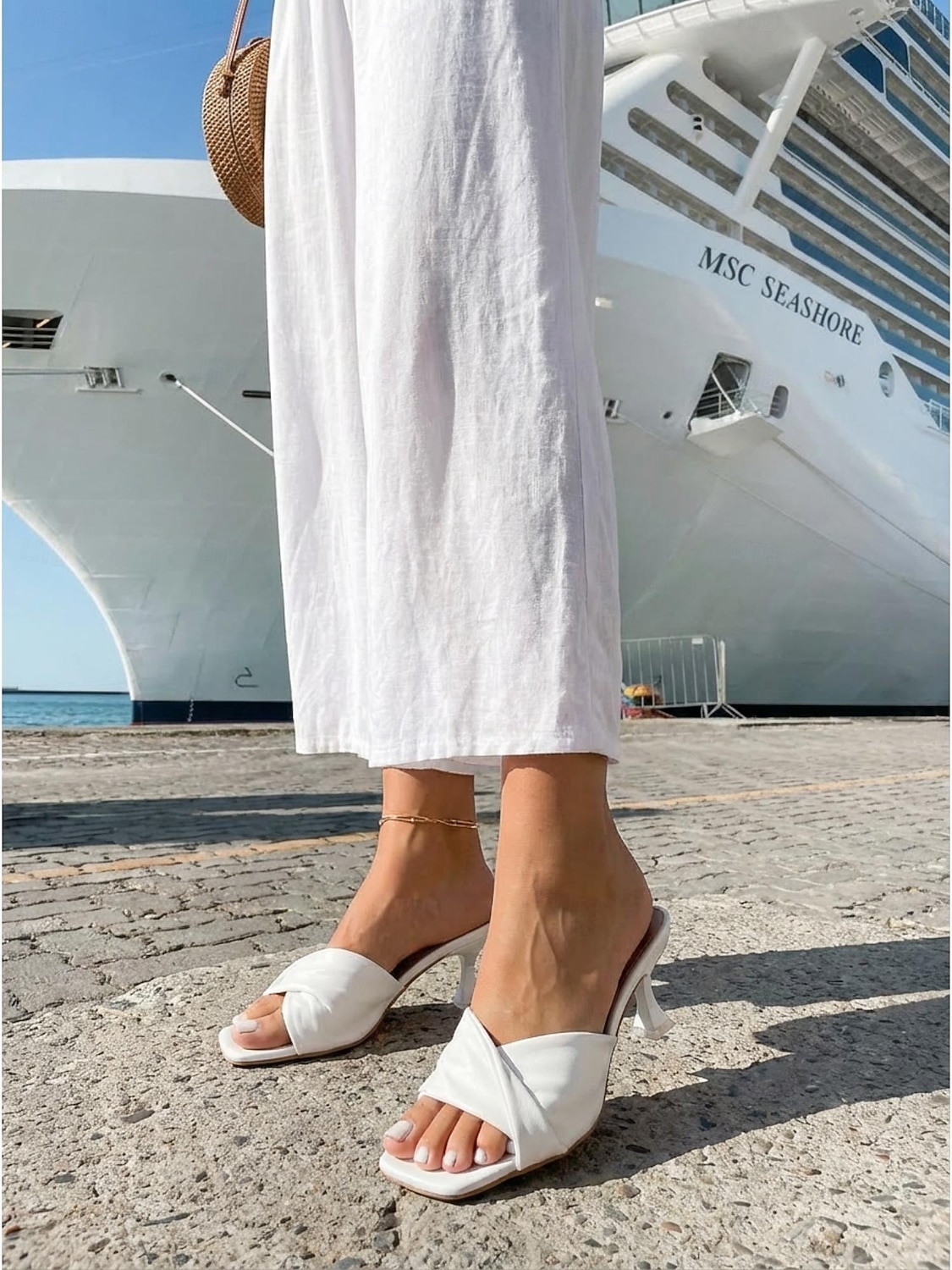sandali da donna con tacco a gattino bianchi - eleganti sandali con punta quadrata e cinturino intrecciato per crociere di lusso, viaggi nautici &abbigliamento da resort estivo del 2026 a $24.99 –P1
