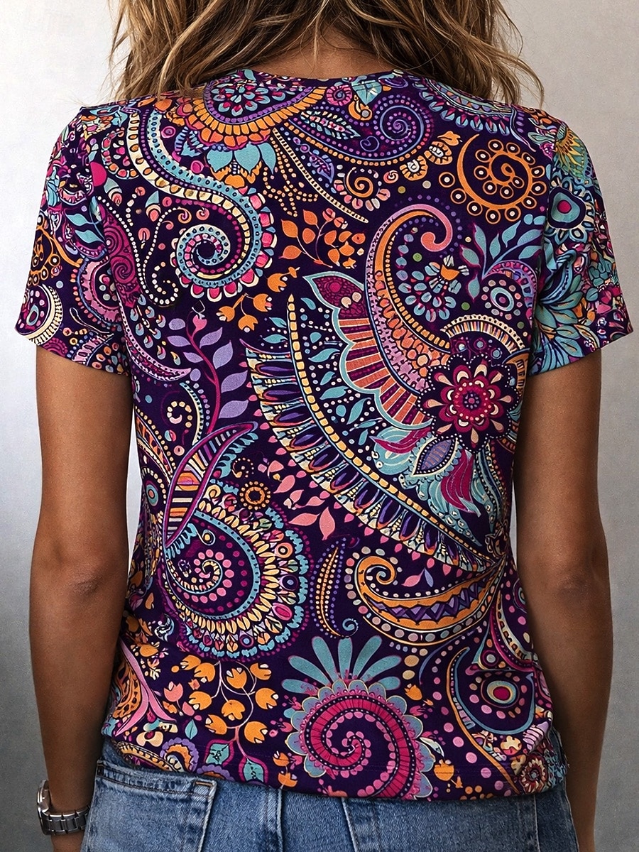 Per donna Maglietta Stampato Floreale Grafico Paisley Bohemien Vintage Elegante Manica Corta Girocollo Scollo a V Top lunghi Quotidiano Uscire Weekend Blu Nero Verde chiaro Viola Verde Estate del 2026 a $7.99 –P5
