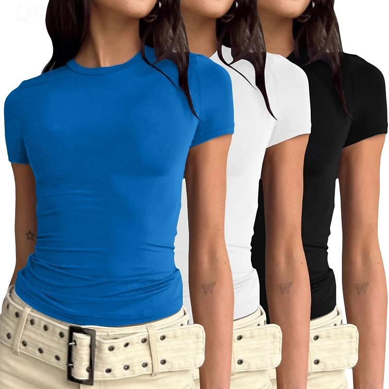 Confezioni multiple Confezione da 3 Femminile Girocollo Manica Corta Nero + bianco + grigio Maglietta Semplice Casuale Quotidiano Poliestere Estate del 2026 a $28.99 –P7