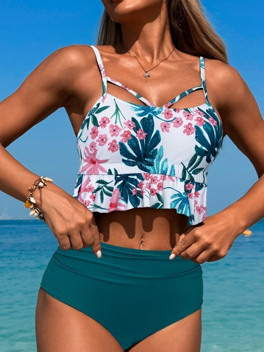 Dámské Plavky Bikiny 2 ks Vysoký pas Plavky Vysoký pas Štíhlý Volná záda prázdniny Oblečení na pláž Tropický vzhled Do V Bez rukávů Plavky 2026 - $28.99 –P7