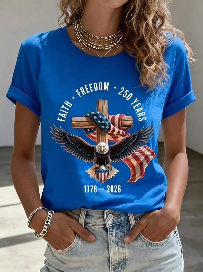 2026年 アメリカ独立記念日 女性用 Tシャツ プリント グラフィック アメリカの国旗 ヴィンテージ スタイリッシュ クラシック 半袖 クルーネック レギュラートップス 日常 週末 ブルー ブラック ホワイト ルビーレッド 夏 春 秋  コレクション – $22.99 –P4