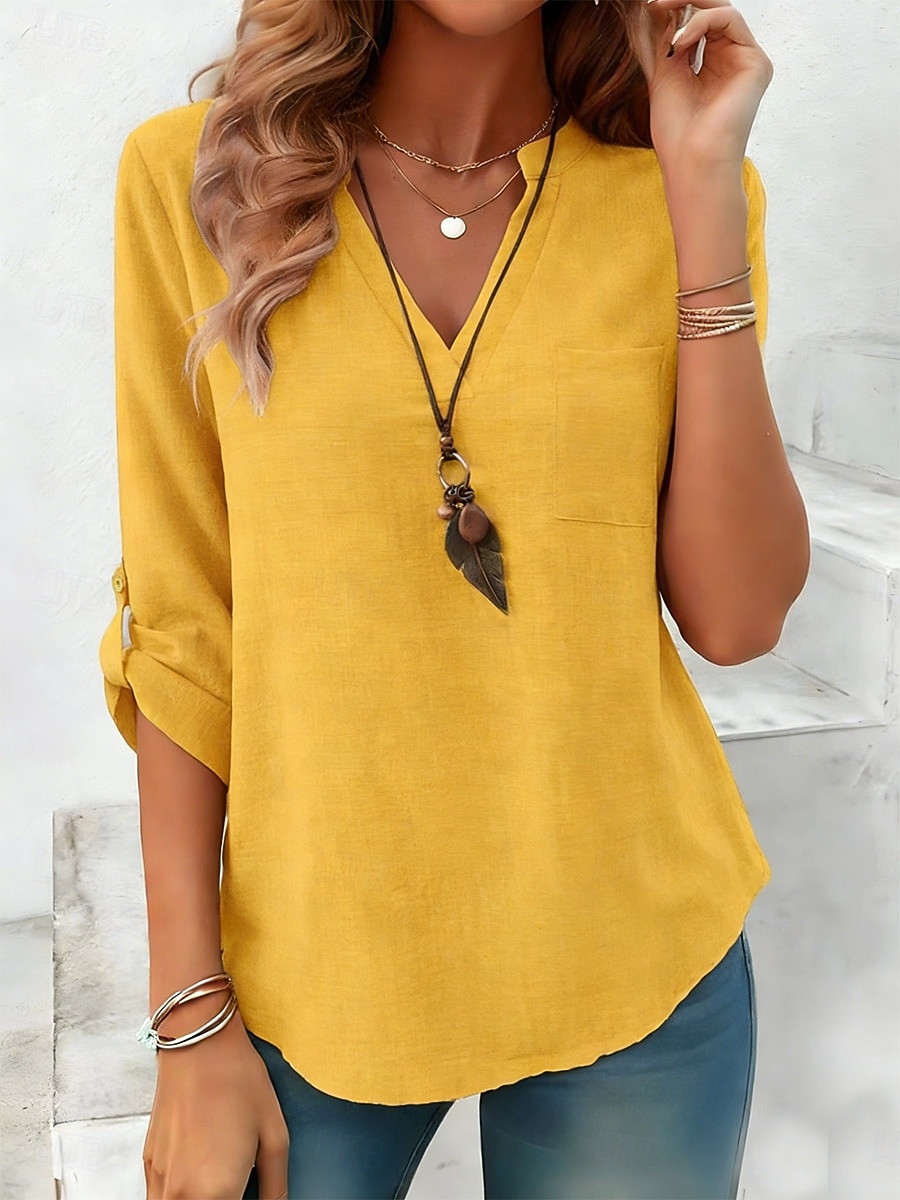 Dam Skjorta Linneskjortor i bomull Casual skjorta Blus Slät Stylish Klassisk Modern Långärmad V-hals Vanliga toppar Dagligen Helgdag Utekväll Blå Gul Purpur Grön Kaki Vår Höst 2026 - $21.99 –P2
