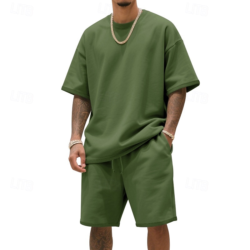 Męskie T-shirt Garnitury 2 sztuki stroje Koszulka i spodenki Krótki rękaw Półgolf Lato Równina Moda Codzienny 2-częściowa Codzienny Urlop Dzienne zużycie Zgniła zieleń Czarny Biały Top Tee dla 2026 - $31.99 –P13