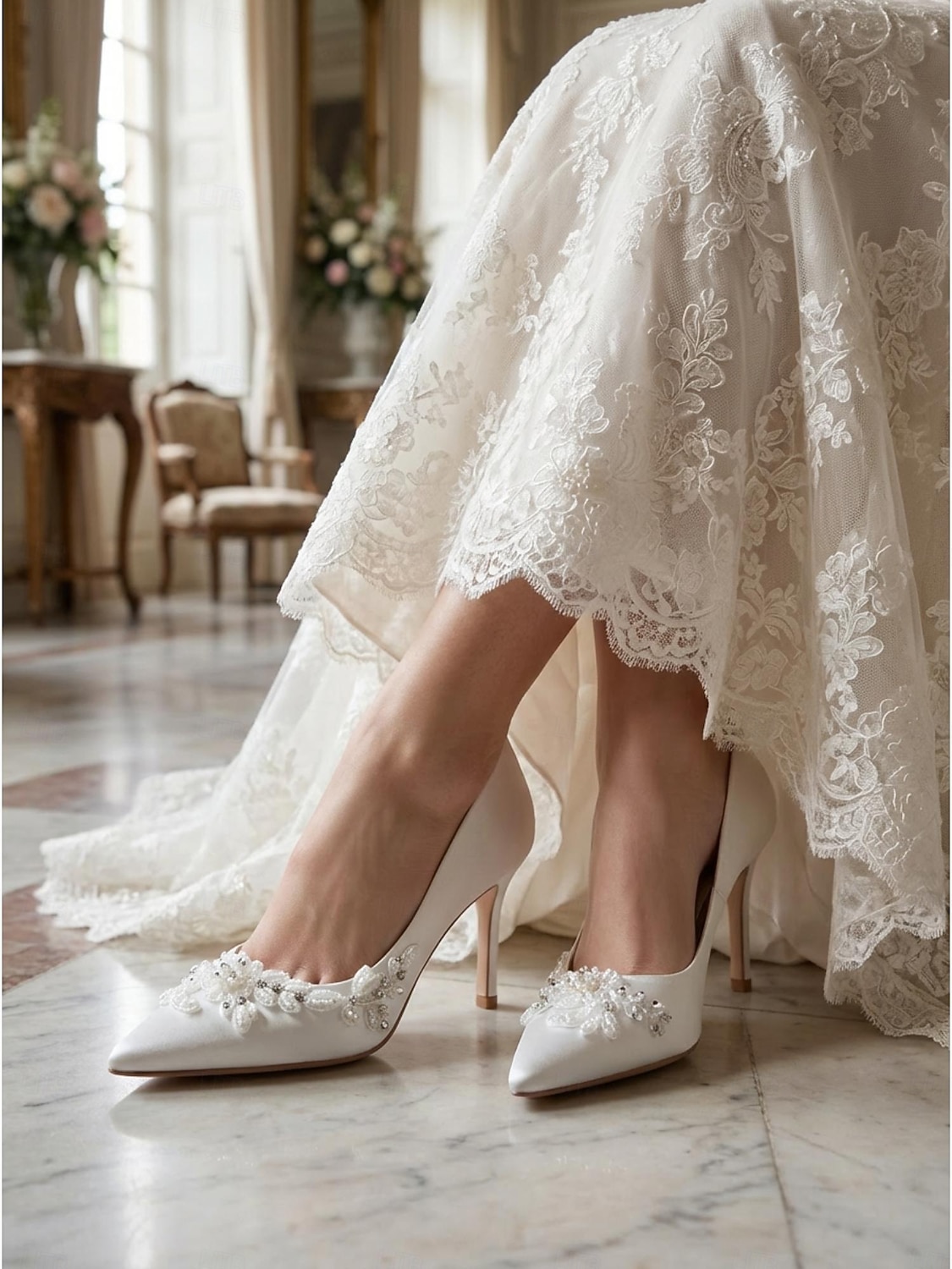 Dámské bílé špičaté boty na vysokém podpatku s květinovou výšivkou - elegantní svatební lodičky pro městské svatby 2026 - $54.99 –P4