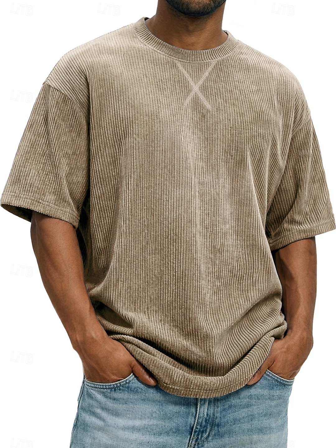 Herren T Shirt Cordhemd T-Shirt Kurzarm Rundhalsausschnitt Sommer Frühling Einfarbig Gestreift Grubenstreifen Mode Basic Weich Kord Urlaub Straße Alltagstauglich Schwarz Weiß Hellgrün Top T-Shirt für 2026 - $20.99 –P5