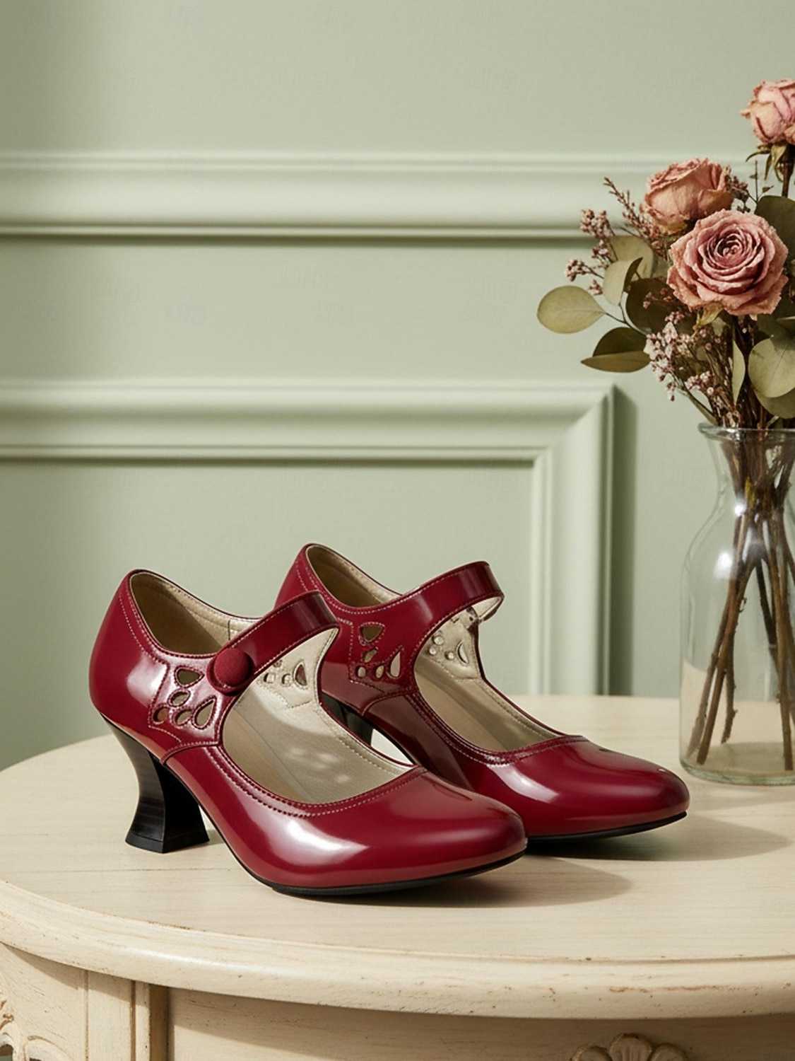 Damskor med vintage-motiv från 1920-talet, gula Mary Jane-klackar – utskurna pumps med böjd klack, klassisk lacklook för Gatsby-fester, swingdans och speciella tillfällen 2026 - $54.99 –P2
