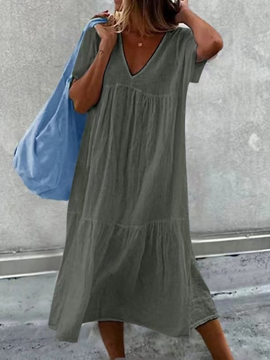 Mujer Vestido Midi Vestidos de lino y algodón 100% Algodón Vestido de cambio Vestido de verano Casual Diario Vacaciones Holgado Plano Manga Corta Escote en Pico Negro Blanco Vino Verde Ejército 2026 - $27.99 –P5