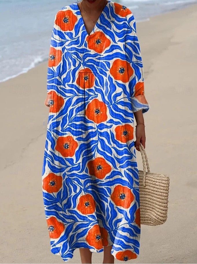 Women's Maxi Dress Shift Dress Vacation Casual Going out Loose Fit Floral Graphic Long Sleeve V Neck Blue Yellow Orange Light Blue-White Summer Spring 2026 - $41.99 –P2