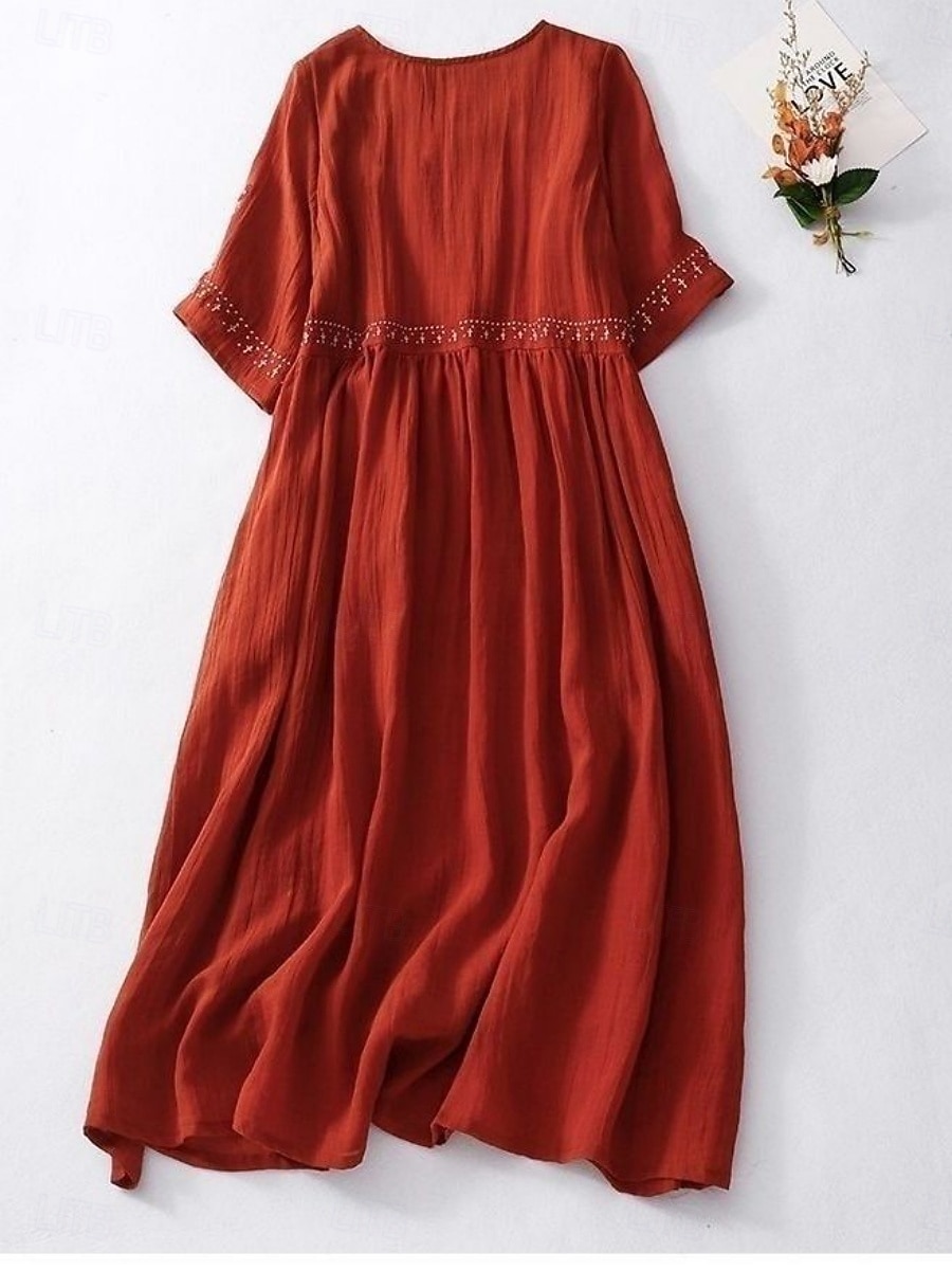 Mujer Vestido Midi Vestidos con tacto de lino Vestido de cambio Vestido de verano Casual Diario Holgado Plano Manga Corta Cuello Barco Blanco Rojo Verano Primavera 2026 - $19.99 –P6