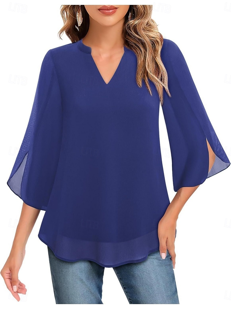 Women's Blouse Solid Color Elegant Stylish Casual 3/4 Length Sleeve V Neck Regular Tops Daily Pink Wine Red Royal Blue Green Summer Spring 2026 - $21.99 –P5