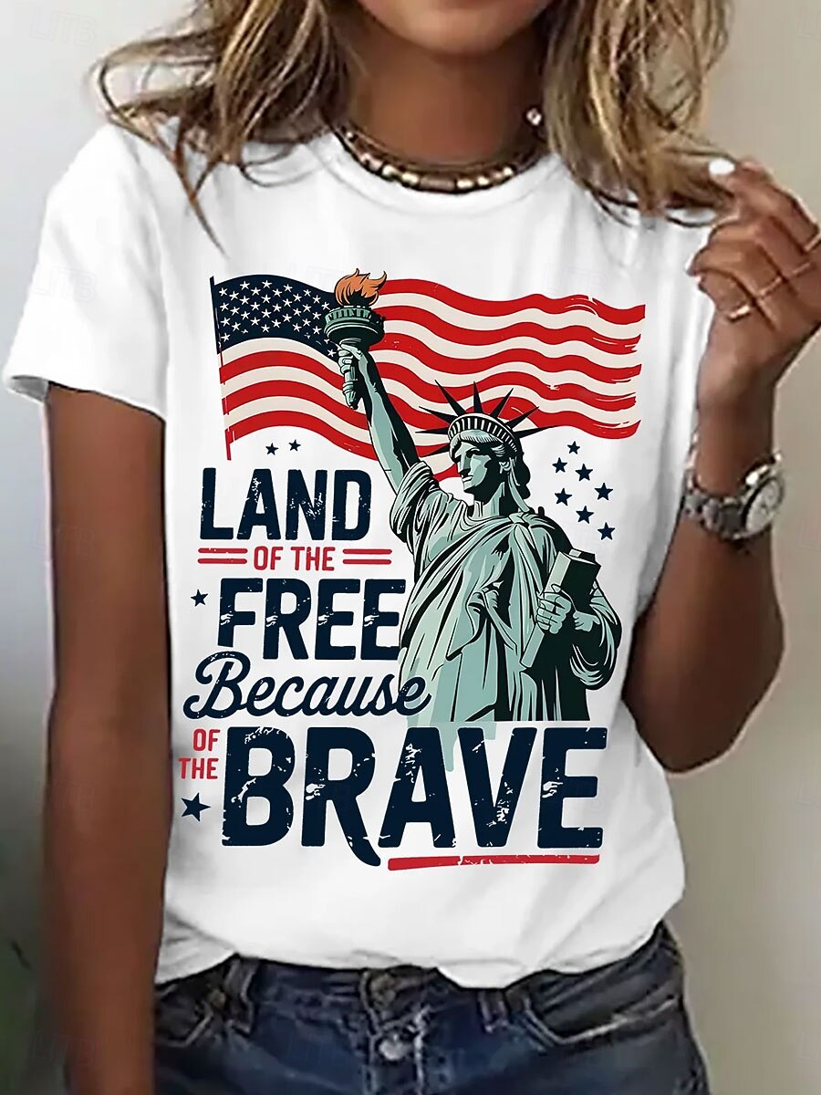 Unabhängigkeitstag Patriotic Damen T-Shirt Druck Grafik Flagge Buchstaben Stilvoll Klassisch Lässig Kurzarm Rundhals Regelmäßige Tops Täglich Blau Schwarz Weiß Sommer Frühling 2026 - $22.99 –P1