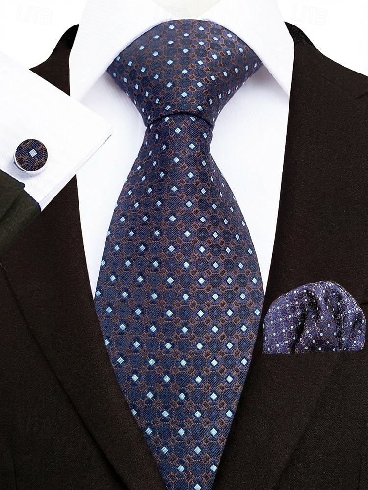 2026年 男性用フォーマルネクタイセット、ポケットチーフとカフスボタン付き - 結婚式、ビジネスパーティー、ガライベントに最適な高級ポリエステルチェック柄ネクタイ - スタイリッシュな花婿の付添人用スーツアクセサリー（複数色）  コレクション – $11.99 –P10