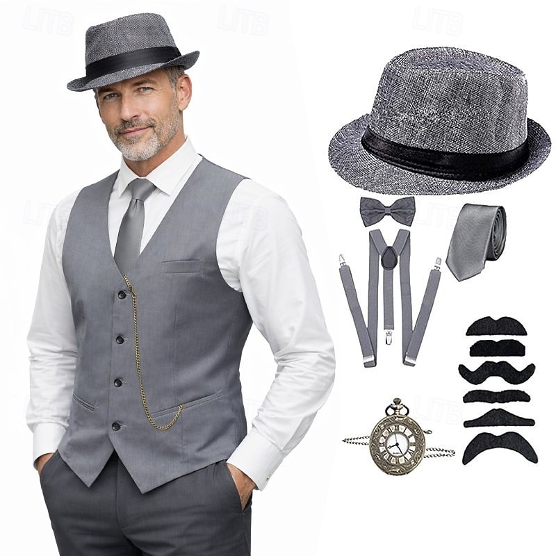 Roaring jaren '20 Jaren 1920 Retro vintage Outfits Hesje Accessoireset Heer Gangster Kostuum Voor heren Carnaval Maskerade Cocktailparty Thema feest Volwassenen Das Ves Meer Accessoires 2026 - $71.99 –P10