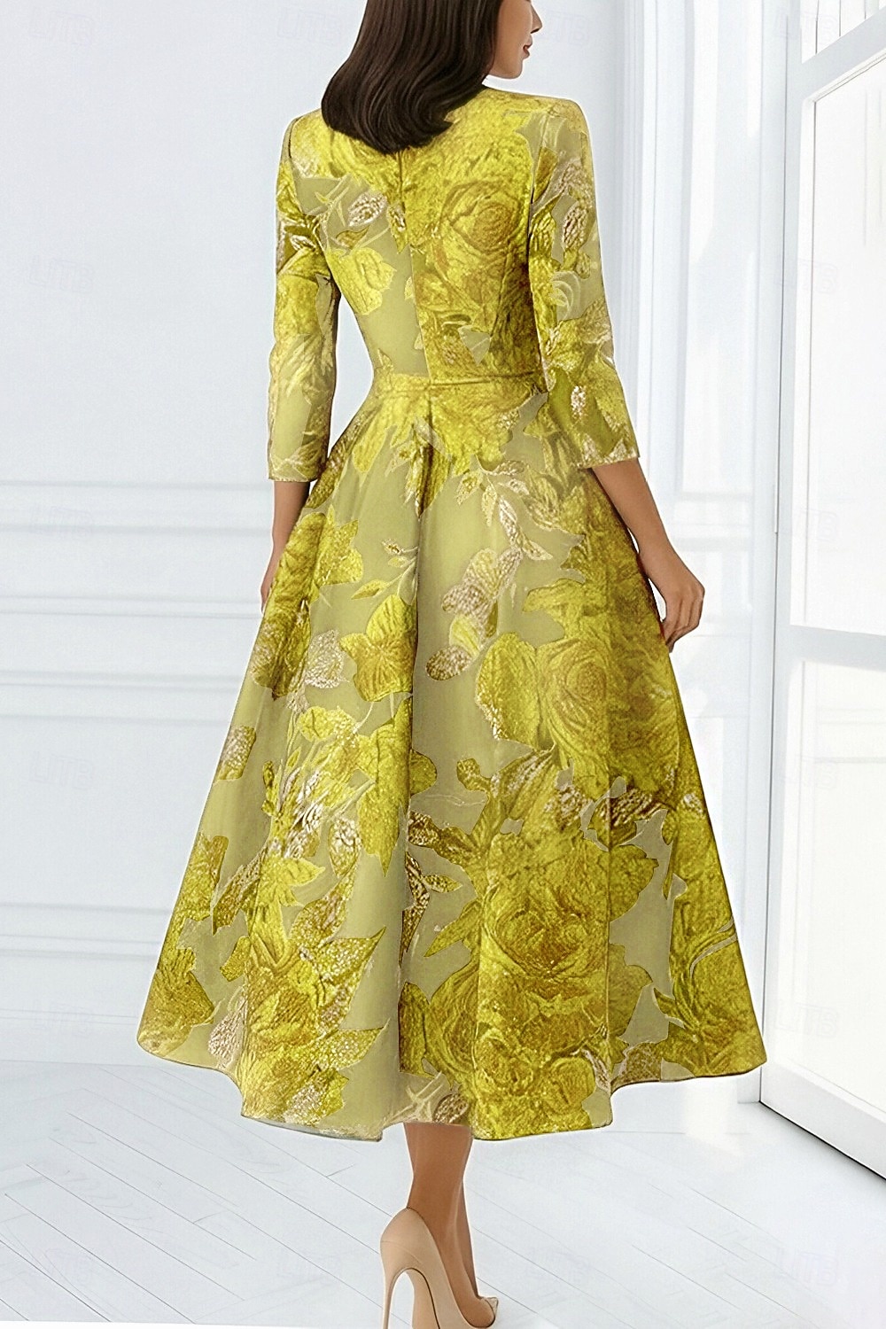 A-lijn Tot de enkel Cocktailjurken Elegant Bloemig 3/4 mouw V-hals Bruiloft Formeel Jacquard met Bloemenprint Plooien 2026 - $176.39 –P4