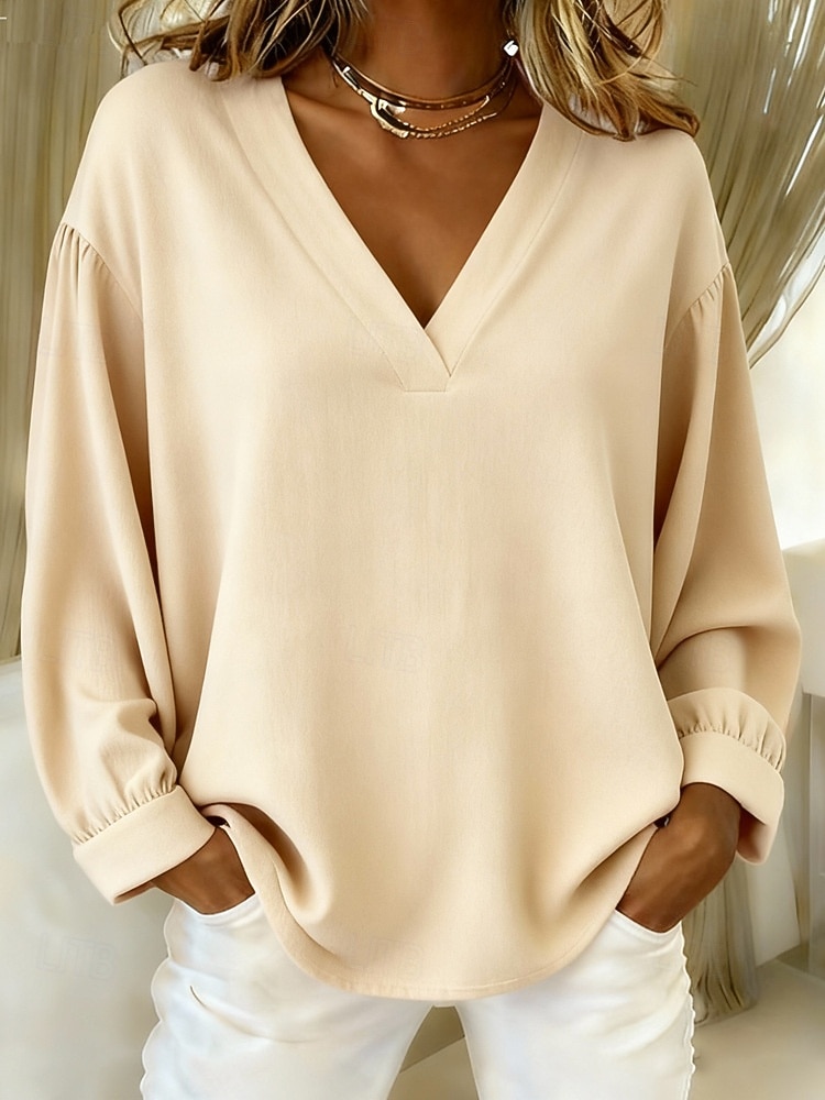 Mulheres Blusa Camisa de algodão Côr Sólida Diário à moda Básico Manga Longa Decote V Tops regulares Diário Azul Rosa Marron Bege Primavera Outono de 2026 por $21.99 –P3