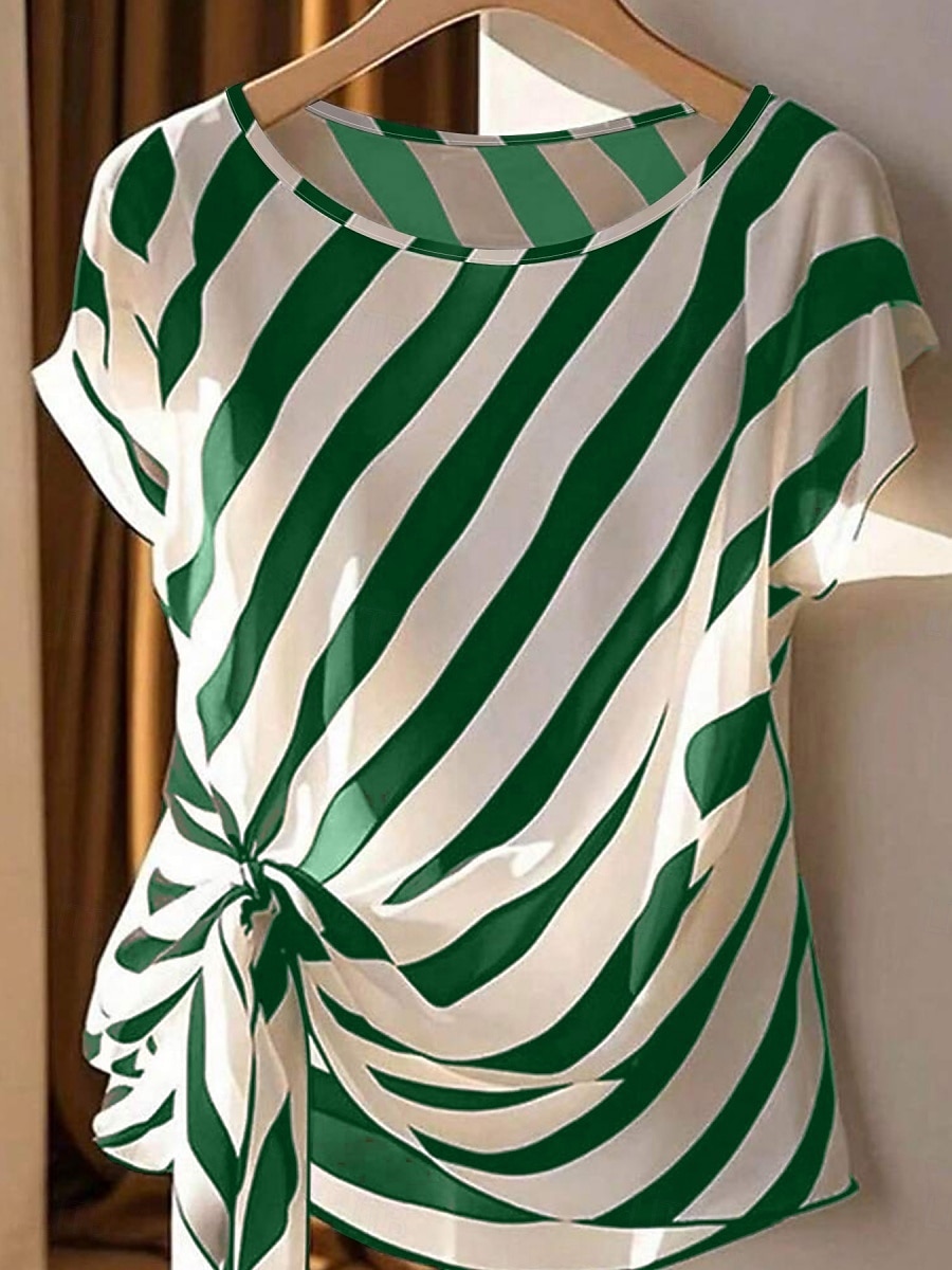 Mujer Camiseta Camiseta superior Estampado A Rayas Moda Elegante Clásico Manga Corta Cuello Barco Tops regulares Diario Noche Fin de semana Negro Rojo Verde Trébol Verano Primavera 2026 - $19.99 –P2