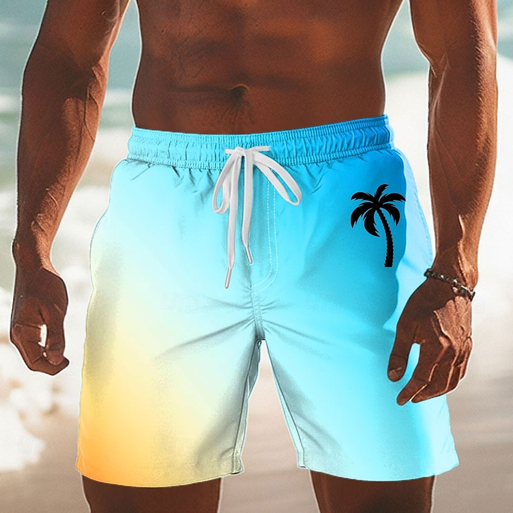 Herre Kokosnøttre Gradientfarge Tropiske planter Badeshorts Surfeshorts Medium Midje Hawaiisk Strandferie Sidelommer Mesh fôr Elastisk snøring i midjen Designer Klær 2026 - $20.99 –P1