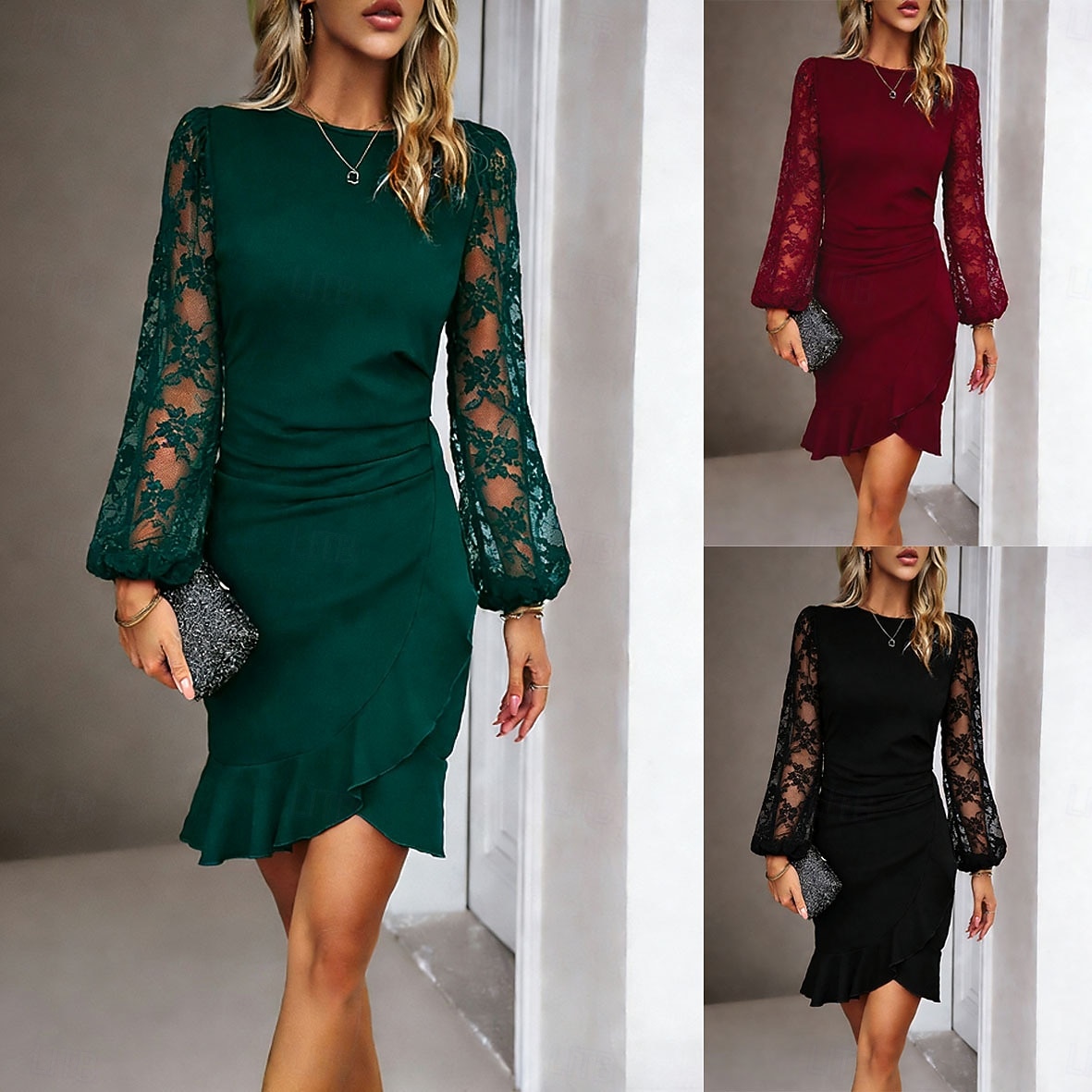 Pentru femei Rochie Mini Rochie teacă Elegant Petrecere cocktail În aer liber Petrecere Invitat la nunta Dantelă Peteci Fit regulat Culoare solidă Manșon Lung Stil Nautic Negru Roșu Vin Verde Închis 2026 - $29.99 –P1