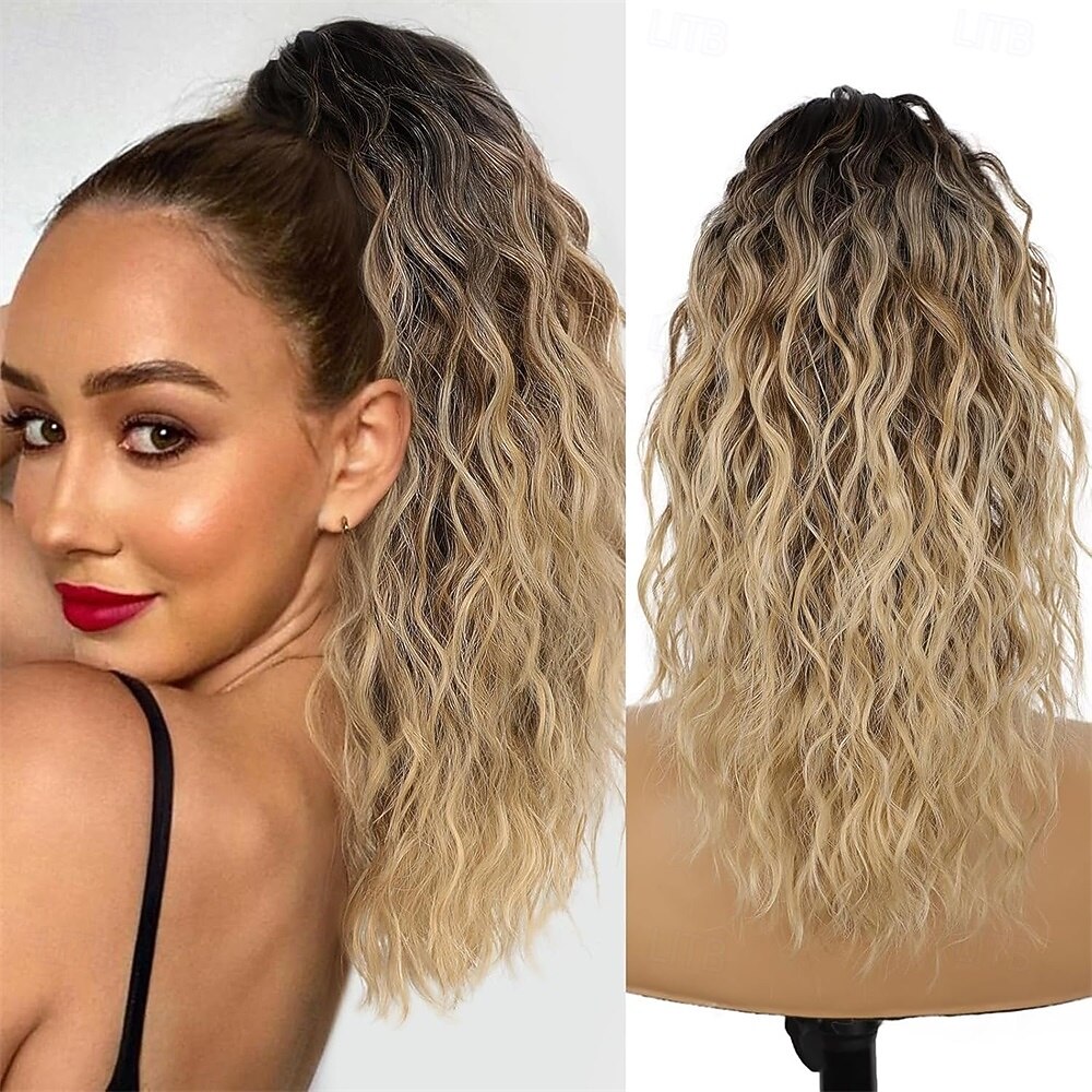 Prodlužování vlasů s culíkem 18 palců, dlouhý vlnitý, lehký, nadýchaný, culík s připínacími sponami pro ženy, ombre hnědá, mix blond, syntetické příčesky, vrstvené, prodlužování vlasů s culíkem 2026 - $22.99 –P1