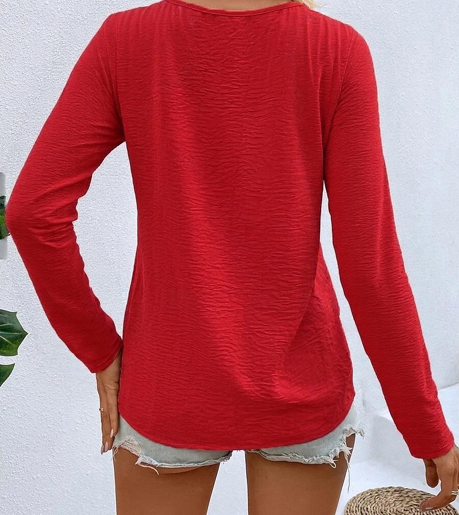 Dámské Tričko Tlačítko Přední S texturou Pevná barva Módní Na běžné nošení Dlouhý rukáv Do V Dlouhé topy Denní Jdeme ven Tmavěhnědá Travní zelená Černá Bílá Rubínově červená Jaro Podzim 2026 - $21.99 –P12