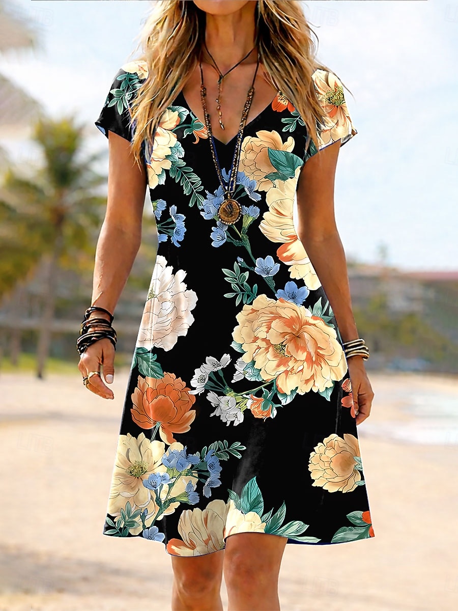 Mujer Vestido hasta la Rodilla Vestido de verano Vestido estilo camiseta Vestido de una línea Vacaciones Casual Boho Playa Ajuste regular Floral Graphic Manga Corta Escote en Pico Azul Piscina Rosa 2026 - $24.99 –P3