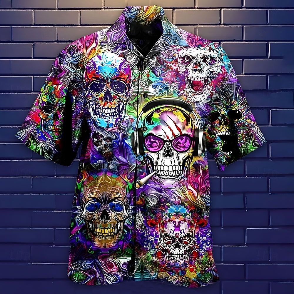 Camicia uomo Halloween musica hippie estate hawaiana a bottoni maniche corte moda streetwear casual hawaiana estate primavera colletto cubano stampa abbottonata bianca nera  verde gialla del 2026 a $25.99 –P1
