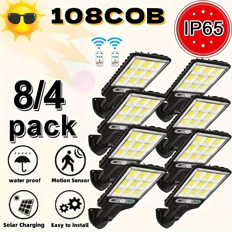 Verpakkingen van 4/8 stuks LED-wandlampen op zonne-energie met bewegingssensor, 108 COB-leds, inclusief afstandsbediening, voor tuin, erf, garage, pad, boerderij, straatverlichting, waterdichte 2026 - $46.99 –P2