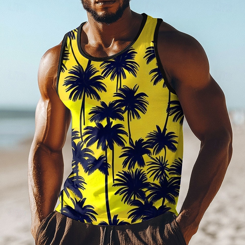 Débardeur homme, sans manches, col rond, imprimé intégral de palmiers jaunes et noirs vifs, style tropical, idéal pour les vacances à la plage. Disponible du S au XXXL. de 2026 ? $17.99 –P1
