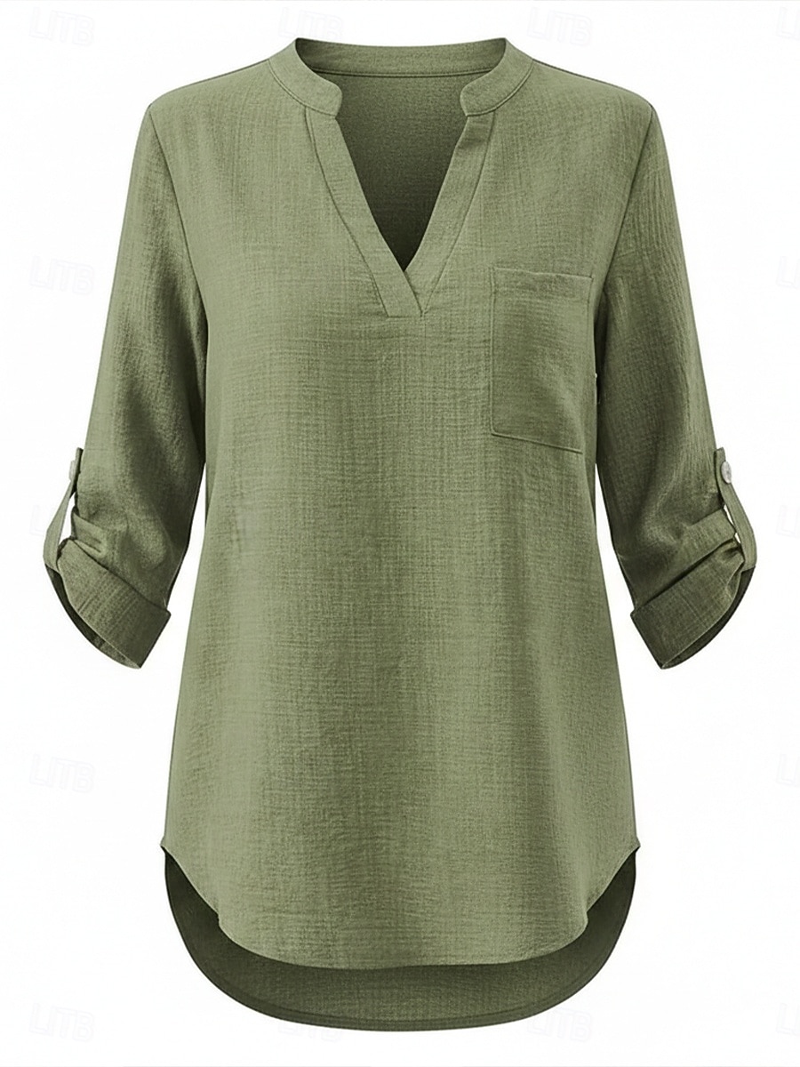 Per donna Camicie di cotone e lino Top estivi Blusa Top Eleganti Arricciato Patchwork Tasca Tinta unica Semplice Elegante Vintage Signore Manica 3/4 Colletto a Camicia Top Regolari Quotidiano Lavoro del 2026 a $22.99 –P6